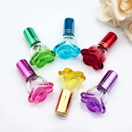 1PC 6ml Colorful Rose Shaped Empty Glass Perfume Bottle Small Sample Portable Parfume Refillable Scent Sprayer Bottles