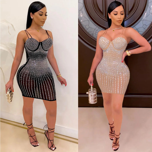 Mesh Rhinestone Mini Club Dress Sexy Women Spaghetti Strap Bodycon See Through Diamond  Party Dress