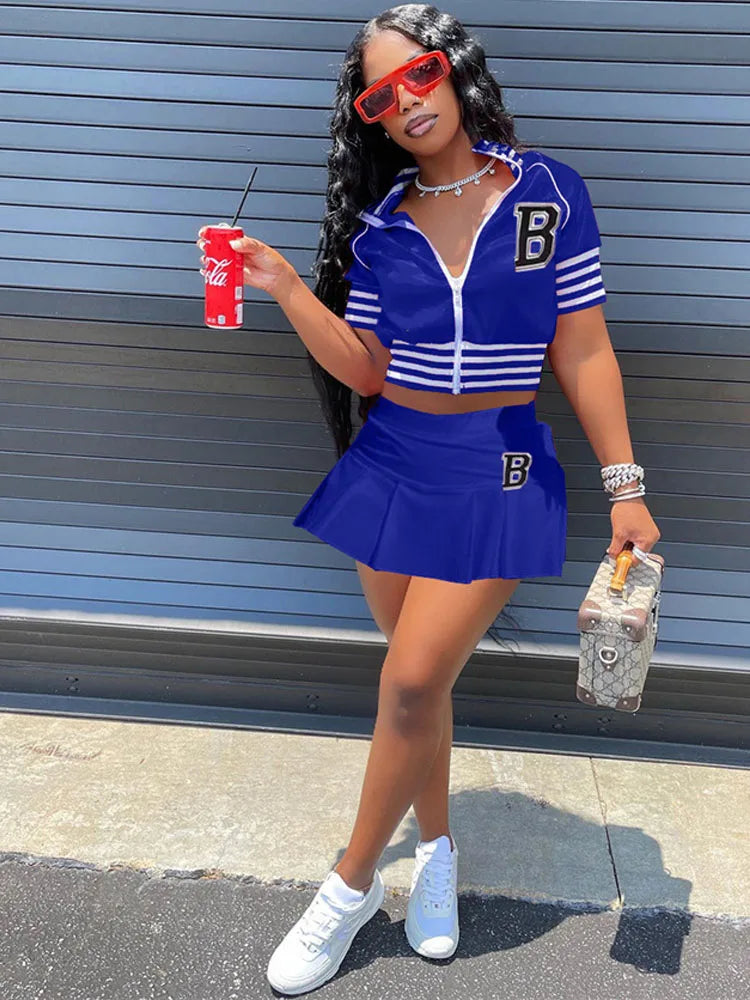 Women Casual Sports 2 Piece Set Letter Print Zipper Baseball Uniform Pleated Skirt Suit Summer Sporty Two Piece Skirt Sets 3XL