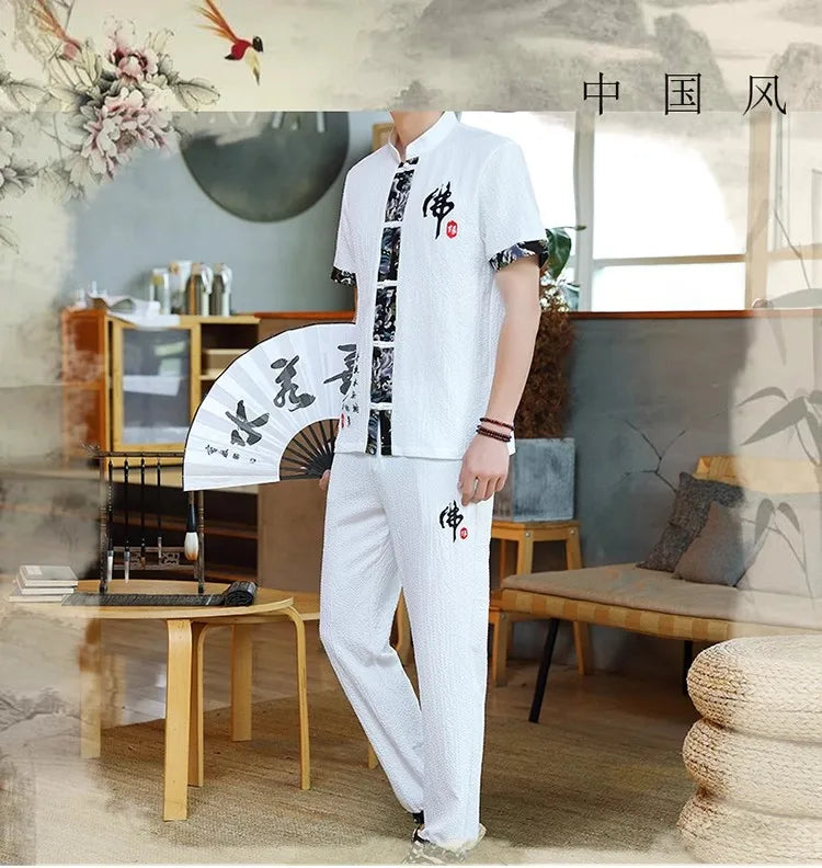 Shirts + Pants 2023 summer elastic waist Cotton short sleeve Men's Casual Sets Male Fashion trousers and shirts men size M-5XL