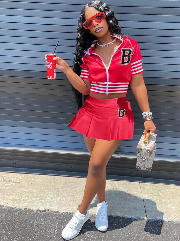 Women Casual Sports 2 Piece Set Letter Print Zipper Baseball Uniform Pleated Skirt Suit Summer Sporty Two Piece Skirt Sets 3XL