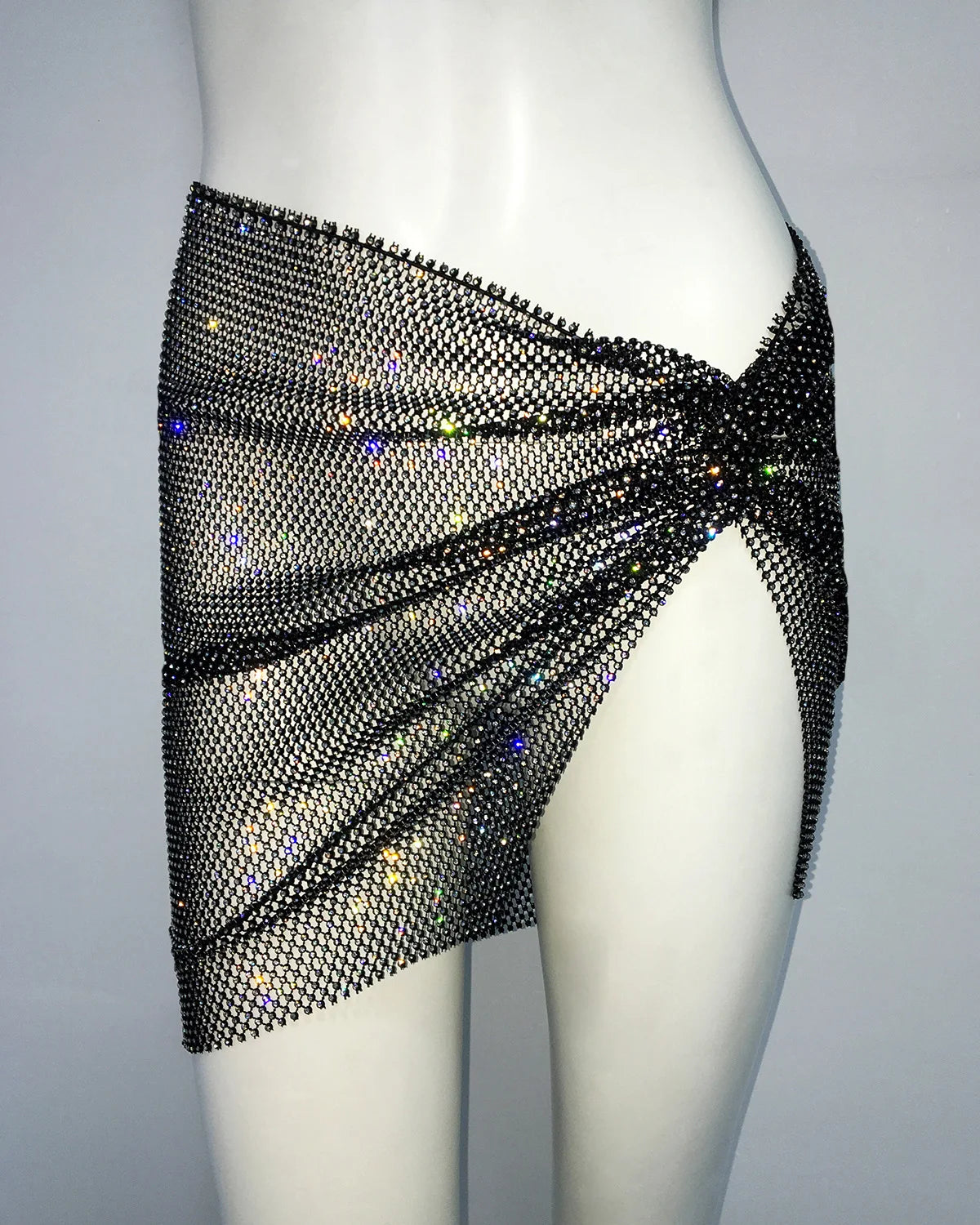 Sexy Hollow Out Mesh Mini Skirt Glitter Rhinestone See Through Fishnet Side Split Skirt Rave Festival Nightclub Party Skirt