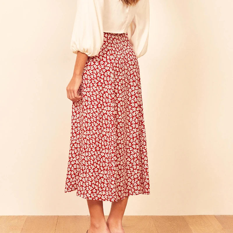 Fashion vintage skirt 2021 flower polka dot print high waist stretch split long A-line skirts for women beach maxi skirt