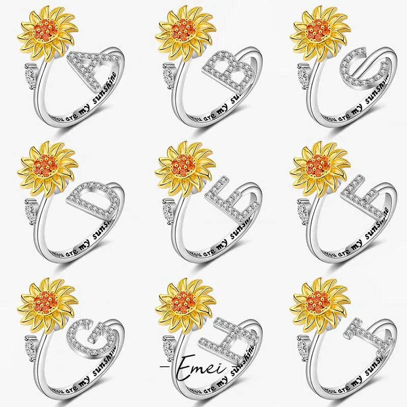 Rotating Sunflower Initial Letter Rings For Women Anti Anxiety Spinner You Are My Sunshine Stainless Steel Ring Birthday Jewelry