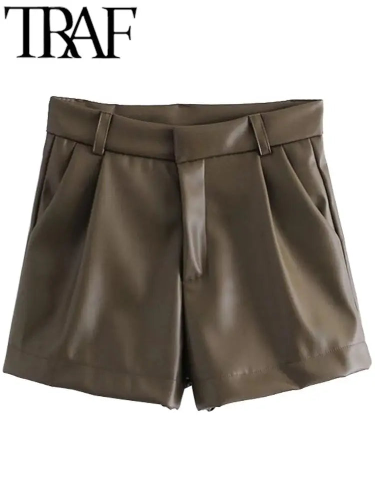 TRAF 2024 Women Fashion Faux Leather Shorts High Waist Side Pockets Vintage Zipper Fly Female Wide Leg Shorts Streetwear Ropa