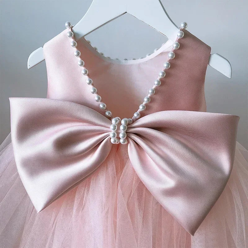 Girls Fashion Tulle Princess Dress Pink Party Kids Puffy   Evening Dresses Bow Pearl Cute Costume Birthday Photography Gown