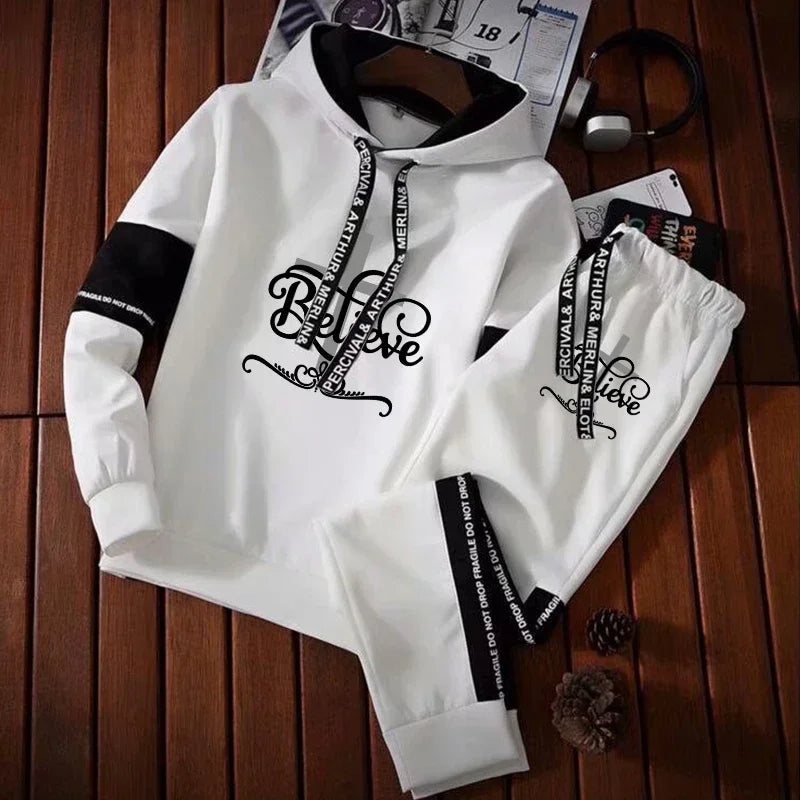 Men's New Autumn/Winter High Quality Printed Hooded Sweatshirt Hoodie + Sweatpants Two Sets Male Outdoor Sportswear Hoodie Set