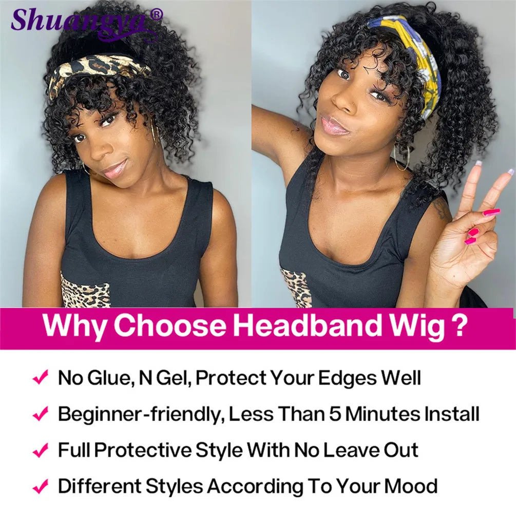 Kinky Curly Headband Wig 100% Human Hair Short Afro Kinky Curly Wig 200 Density Deep Wave Scarf Wig Indian Water Wave Scarf Wigs