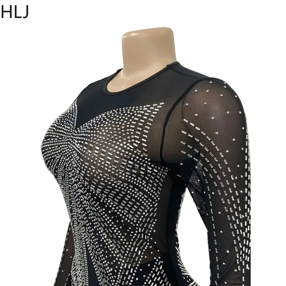 HLJ Fashion Luxury Rhinestone Mesh Perspective Evening Party Dresses Women Round Neck Long Sleeve Patchwork Floor Dress Vestidos