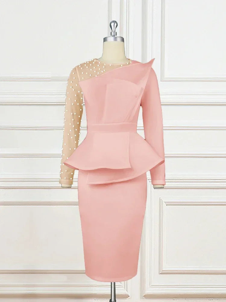 Women Pink Party Dress Sexy Long Sleeve Beading Mesh Patchwork Peplum Elegant Knee Length Christmas Evening African Gowns