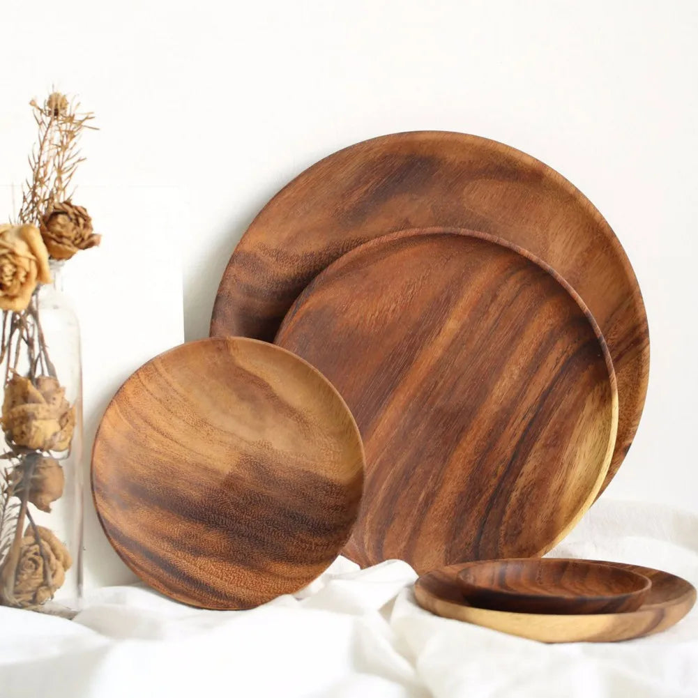 1pc Kitchen Round Wooden Dried Fruit Tray Snack Plate Handcraft Food Dish Tray Walnut Wood Tableware Japanese Kitchen Cake Stand