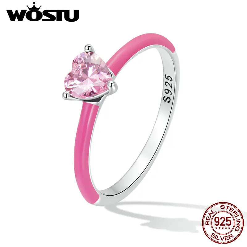 WOSTU 100% 925 Sterling Silver Trendy Pink Heart Zircon Size Rings For Women Fine Blue Zirconium Rings S925 Exquisite Jewelry