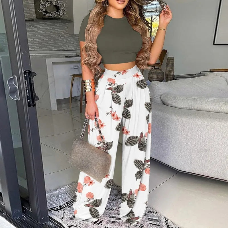 Summer Women Two Piece Sets Elegant Print Office Lady Outfits Elegant O Neck Short Sleeve Shirt Pullover + Wide Leg Pants Suits