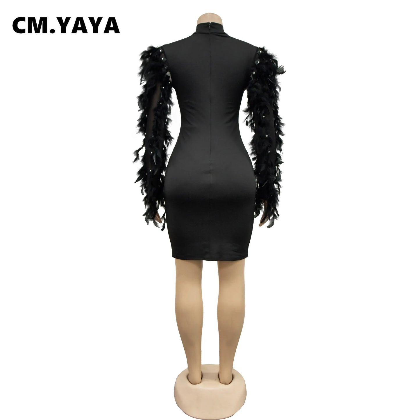 CM.YAYA 2024 Women Long Sleeve Dress Fashion Mesh Hot Drilling Feather O-neck Sexy Party Club Evening Birthday Mini Dresses