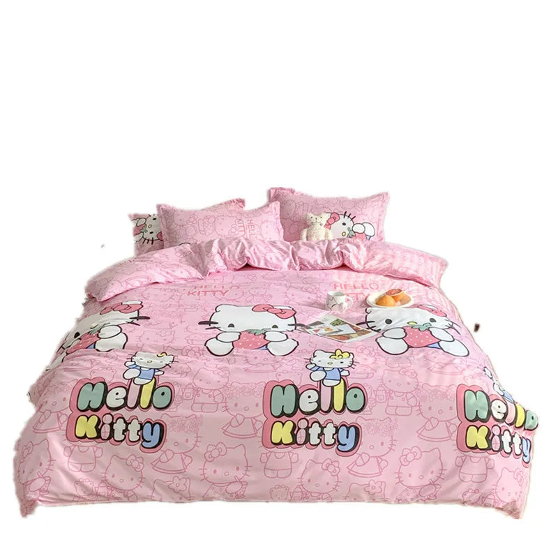 Cute Sanrio Hello Kitty Bedding Set Cotton Four Piece Bedding Double Pillowcase Bed Linens Girl Dorm Bedclothes Home Textile