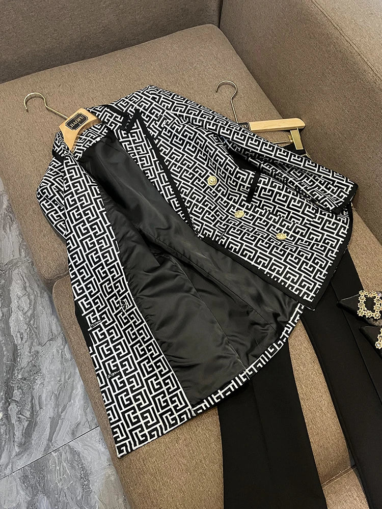 Stylish Western Style Ribbon Edge Classical Black White Geometric Pattern Jacquard Double-breasted Women Blazer