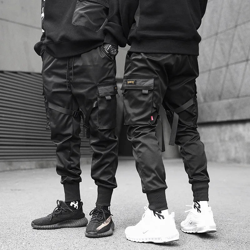 Men's Black Fashion Slim Fit Leisure Tactics Paratrooper Ribbon Cargo Pants Multifunctional Pockets Drawstring Sweat Pants