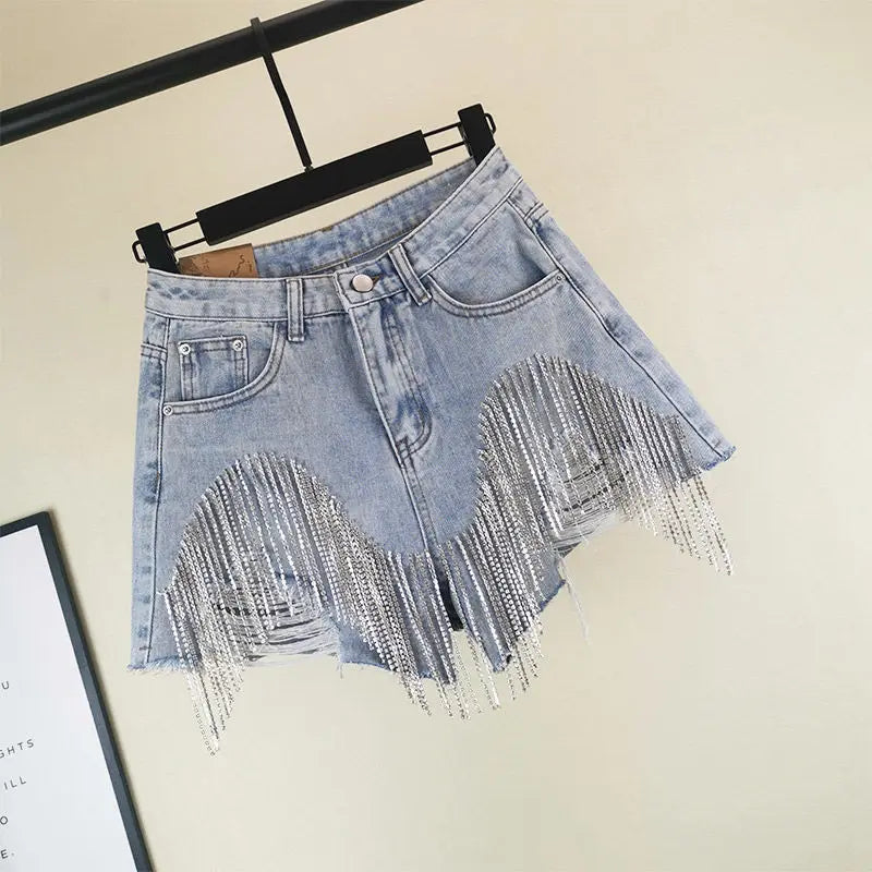 Summer New Ripped Jeans Short Femme High Waist Diamond Tassel Casual Bottoms For Ladies Denim Shorts Women Clothing Fashion