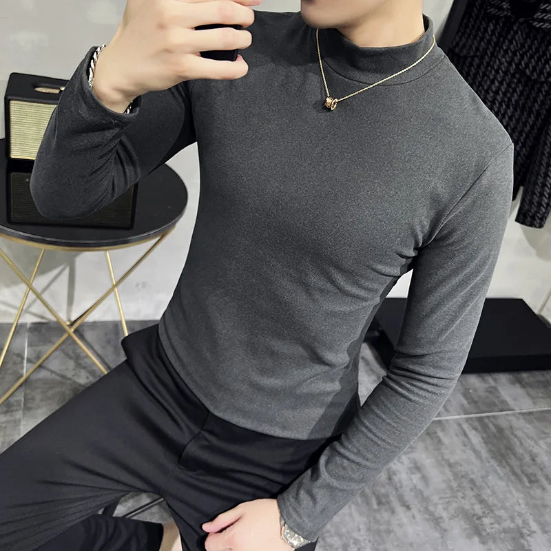 Cheap Autumn Winter Thick Long Sleeve T Shirts For Men Clothing 2023 Solid All Match Slim Fit Basic Casual Tee Shirt Homme Sale