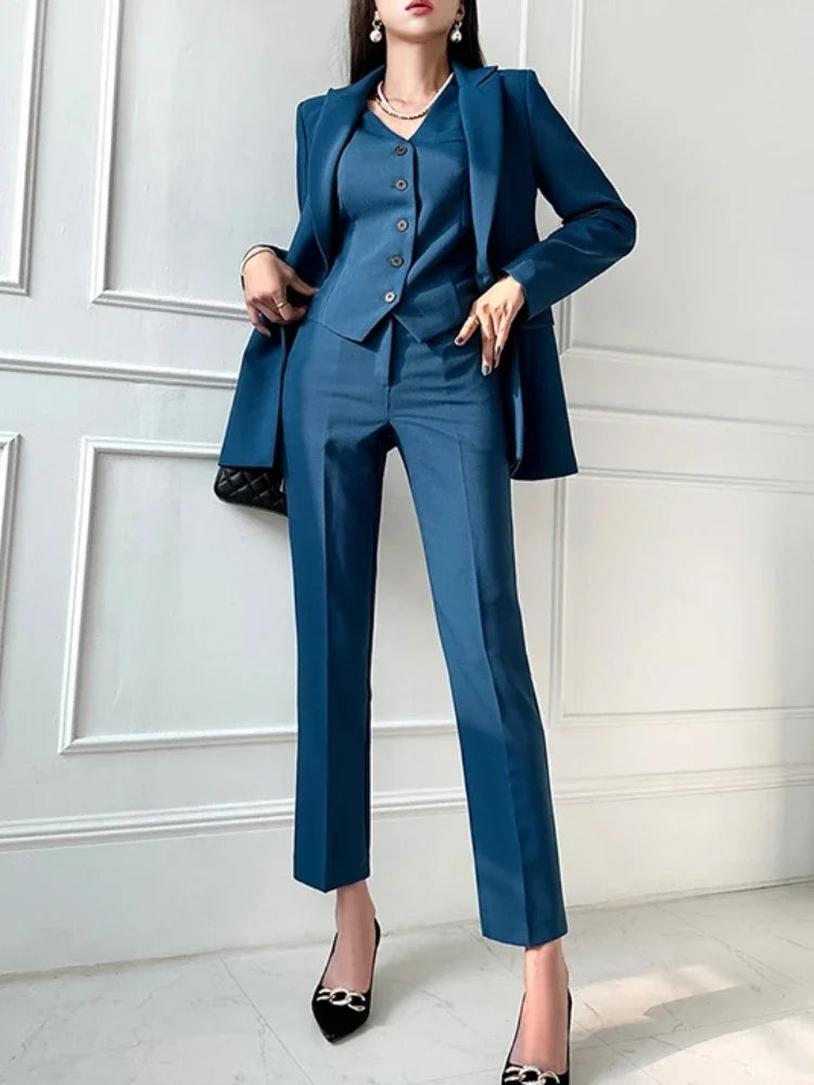 Fashion Korean Women Blazer 3 Pcs Elegant Long Sleeve Suit Jackets Vest and Straight Pants Suit Female Chic Business Outfits New