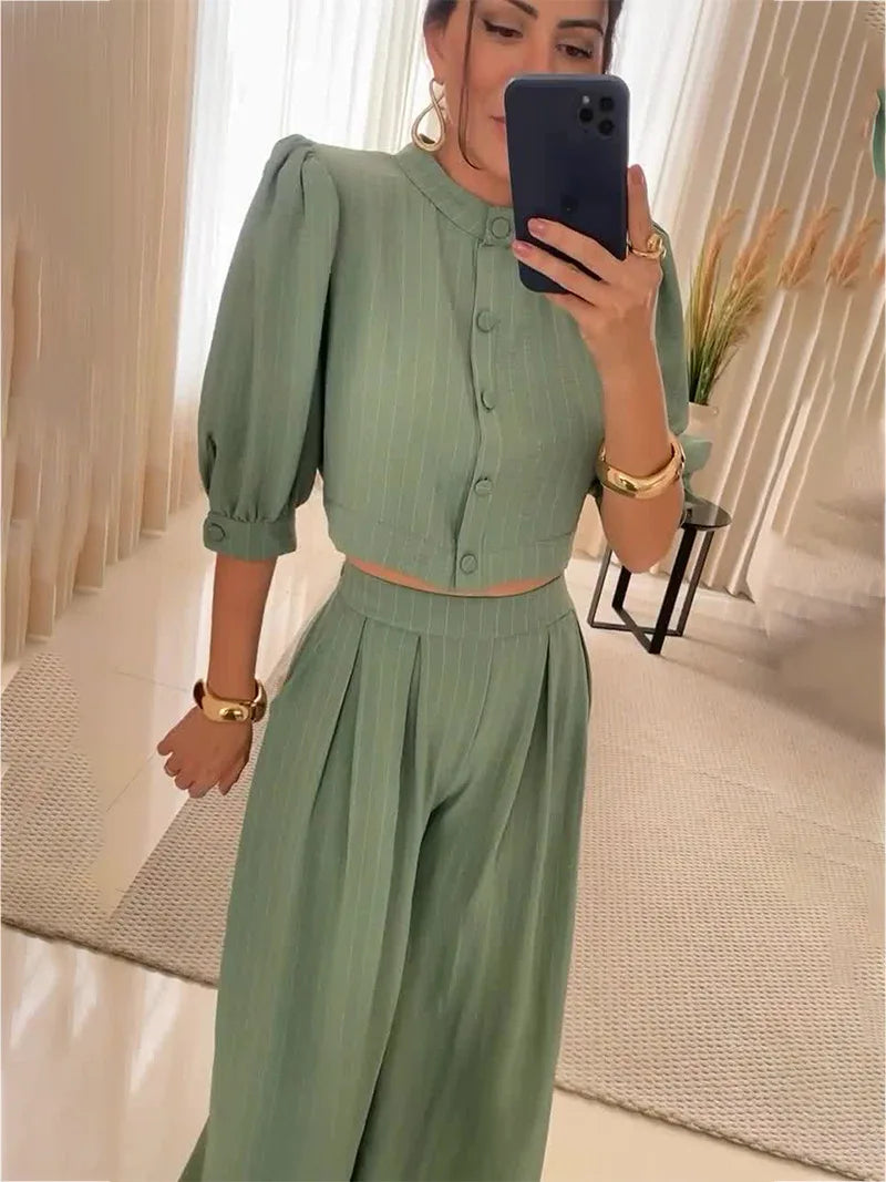 Women's Pant Suits Solid Color Single-breasted O-neck Shirt Top Fashion Casual Long Pants Suit Two Piece Set Women Office Wear