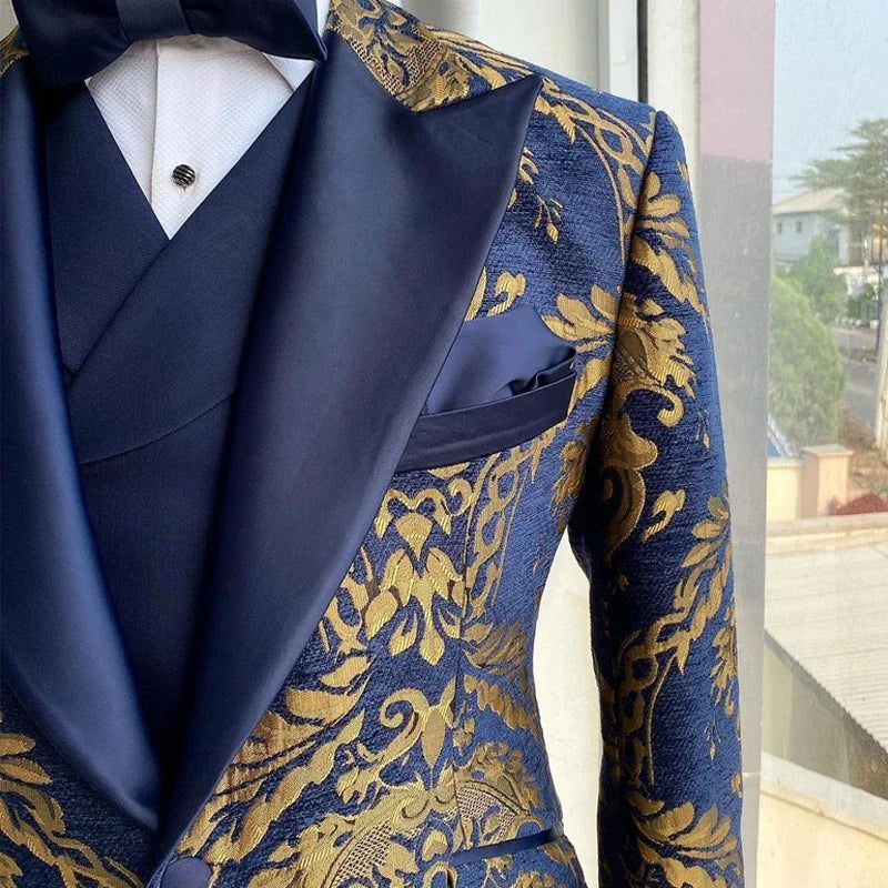 Floral Suits for Men Slim Fit Jacquard Wedding Tuxedo Navy Blue and Gold Gentleman Jacket with Vest Pant 3 Pcs 2024