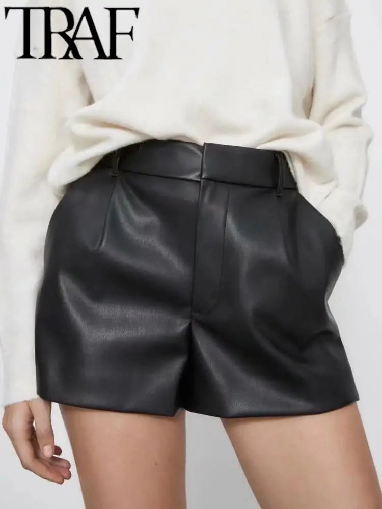 TRAF 2024 Women Fashion Faux Leather Shorts High Waist Side Pockets Vintage Zipper Fly Female Wide Leg Shorts Streetwear Ropa