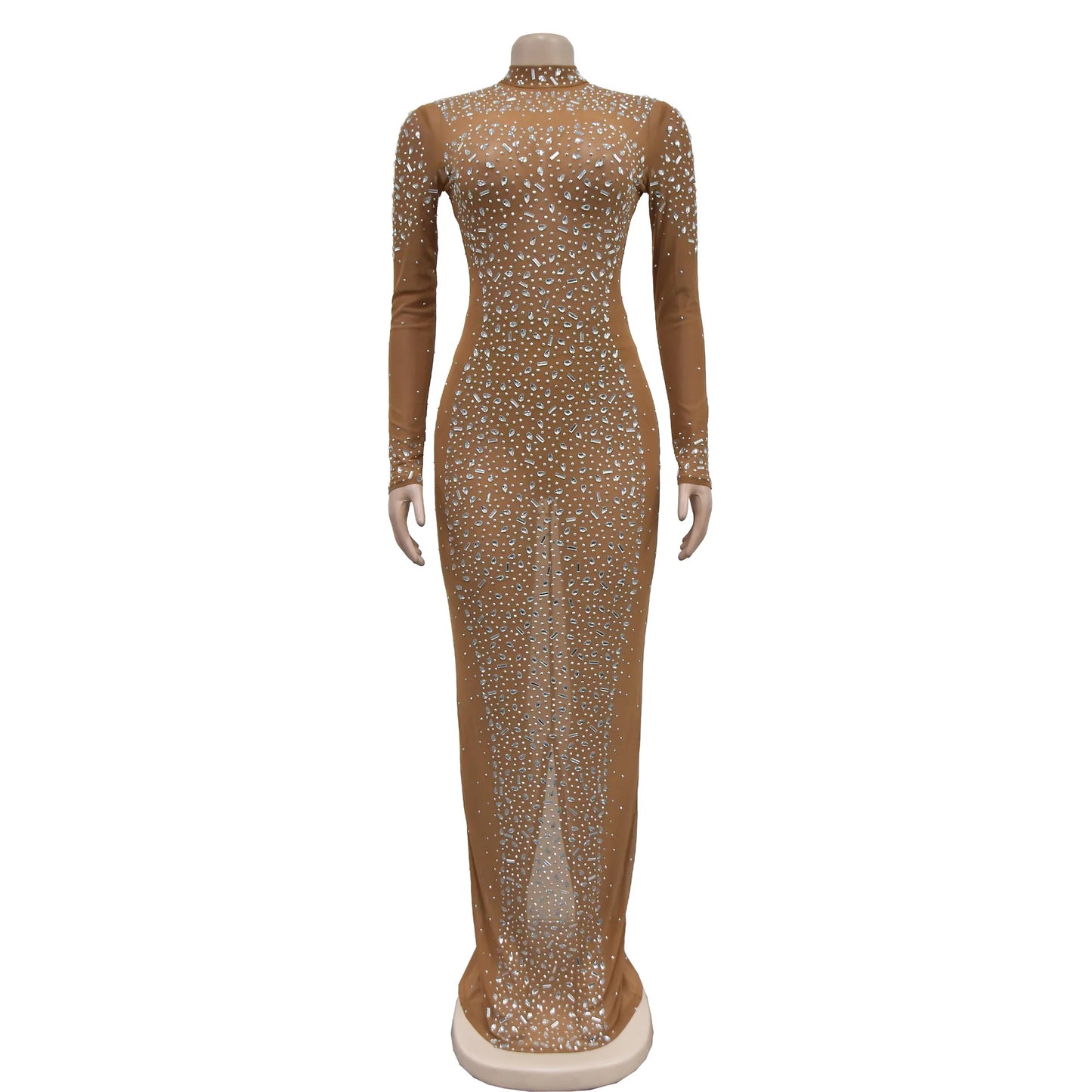 CM.YAYA 2024 Women Long Sleeve Mesh Diamonds Hot Rhinestones Bodycon Midi Dress Women’s Maxi Long Evening Birthday Dresses