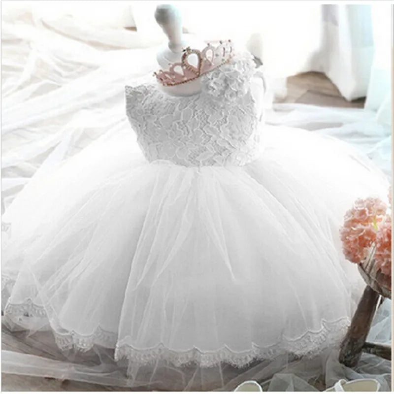 2023 Infant Baby Girls Flower Dresses Christening Gowns Newborn Babies Baptism Clothes Princess Tutu Birthday White Bow Dress