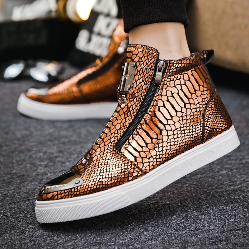 2023 New Luxury Glitter Snake Designer Shoes Men Gold High Top Original Men's Sneakers Fashion Zipper Casual Ankle Boots For Men