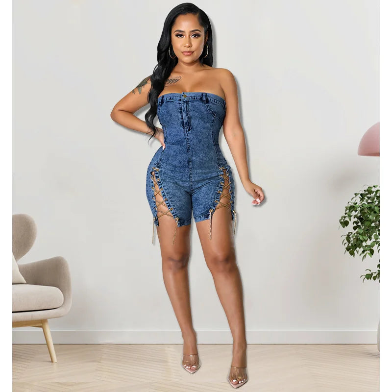 Denim Bandage Women Playsuit Off Shoulder Skinny Jeans Rompers 2023 Summer Sexy Back Zipper Fly Night Club Party Short Jumpsuits