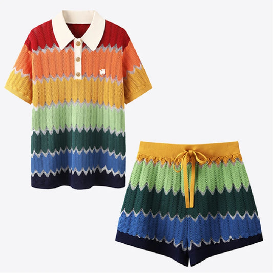 High Quality Women Fashion Summer Vintage Ice Silk Loose Colorful Striped Polo Collar Knit Top + Shorts Suits Two Pieces Set