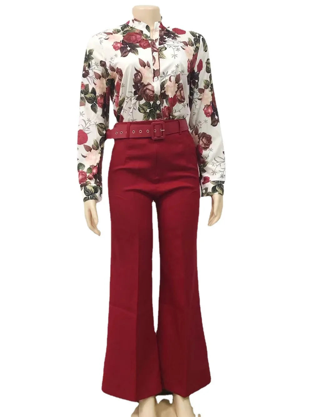 Europe and America Cross border Leisure Set Printed Standing Neck Long sleeved Shirt Top Wide Leg Pants Two Piece Set