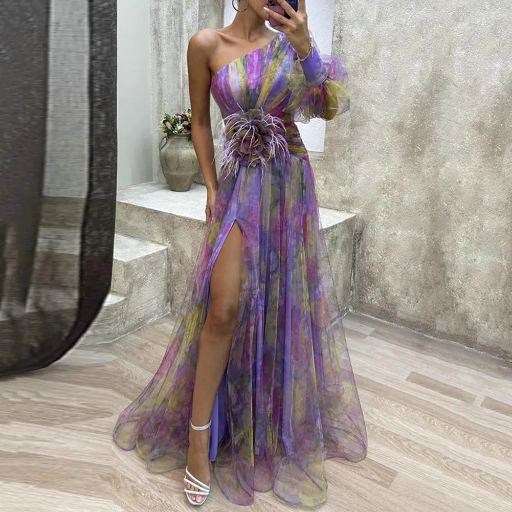 Formal Evening Dress Flower Embellished Evening Dress Elegant One Shoulder Tie-dye Ball Gown with Mesh Bubble Sleeves Split Hem