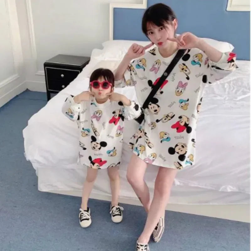 Spring Autumn Family Matching Clothes Outfits Cartoon Mickey Mouse Mommy and Me Long Sleeve Tshirts Pajama Woman Baby Girl Dress