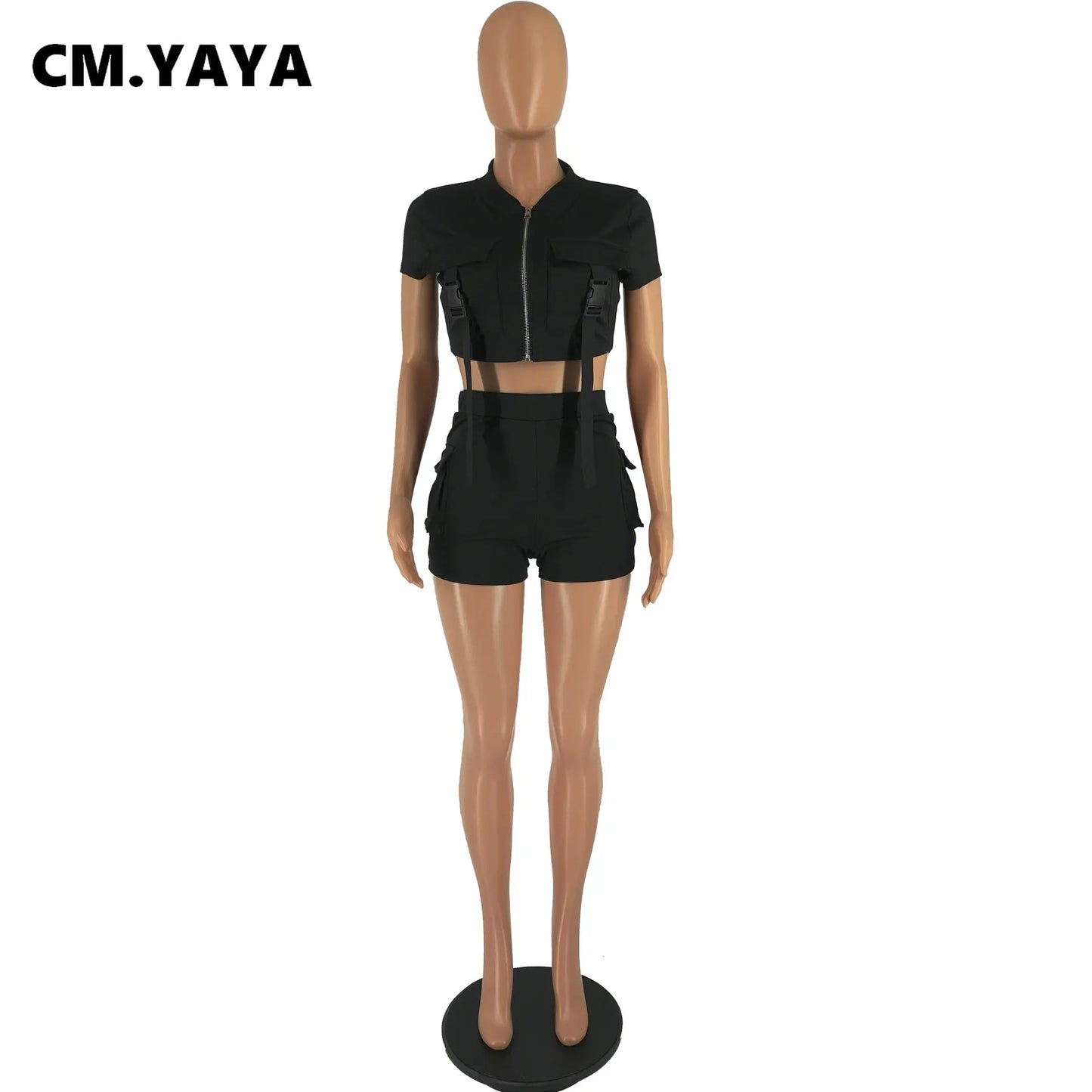 CM.YAYA Active Safari Style Women's Set Zipper Fly Track Top and Shorts Suit 2023 INS Sweatsuit Two 2 Piece Set Outfit Tracksuit