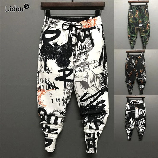 2023 Summer Fashion Personality Trendy Men's High Waist Lace Up Printed Pocket Slim Fit Versatile Social Guy Trendy Feet Pants