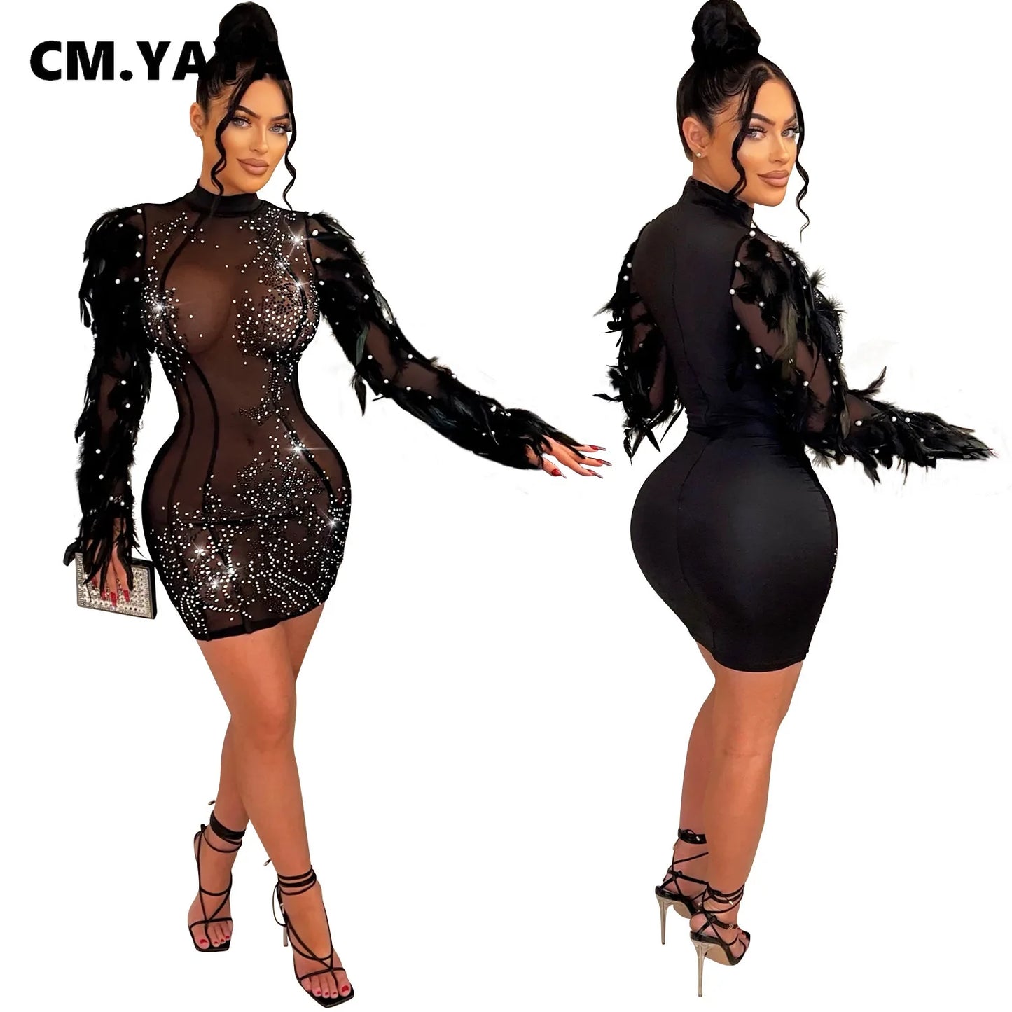 CM.YAYA 2024 Women Long Sleeve Dress Fashion Mesh Hot Drilling Feather O-neck Sexy Party Club Evening Birthday Mini Dresses