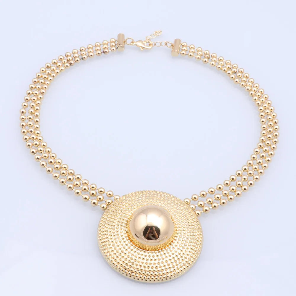 Dubai Gold Color Jewelry Set Women Luxury Design Round Pendant Necklace Earrings Bracelet Ring Wedding Party Accessories