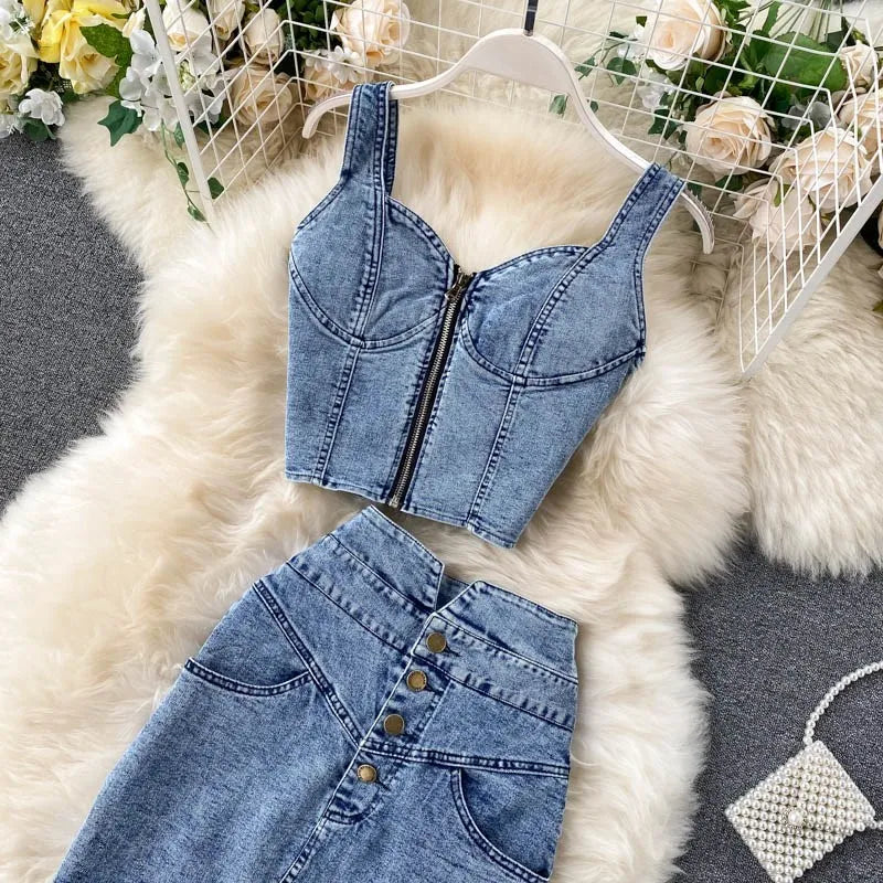 2024 Summer Women Skirt Two Piece Set Sexy V-Neck Ctopped Denim Vest High Waist Denim Skirts Korean Ladies Sleeveless Suits