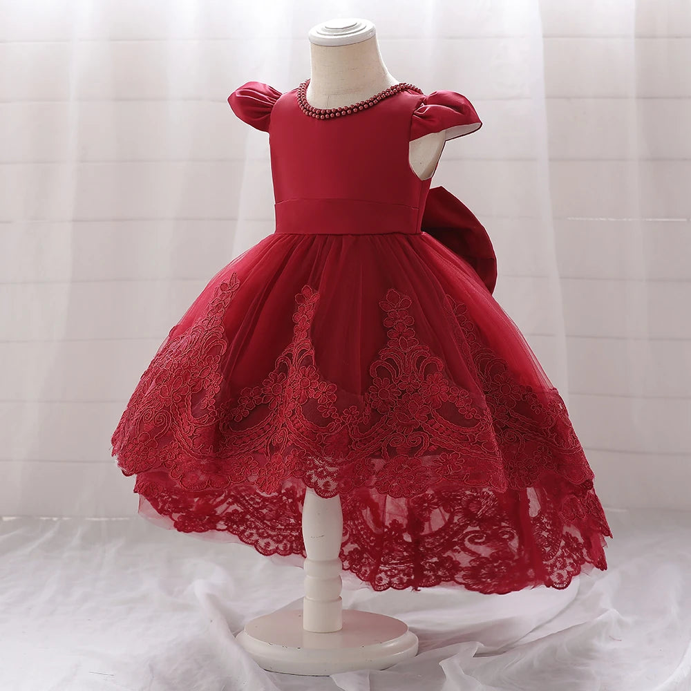 Toddler Bow Baby Dress For Girls Beading Tulle Princess 1st Birthday Embroidery Kids Party Dresses for Girl Pink Baptism Costume