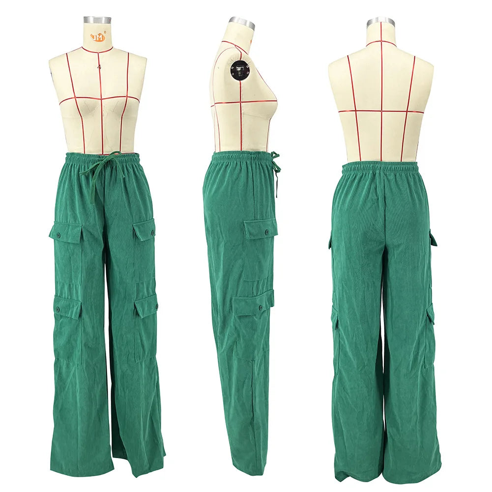 CM.YAYA Women Fashion Pocket Side Straight Wide Leg Safari Style Pants 2024 Drawstring Summer Velvet Zipper Fly Cargo Trousers