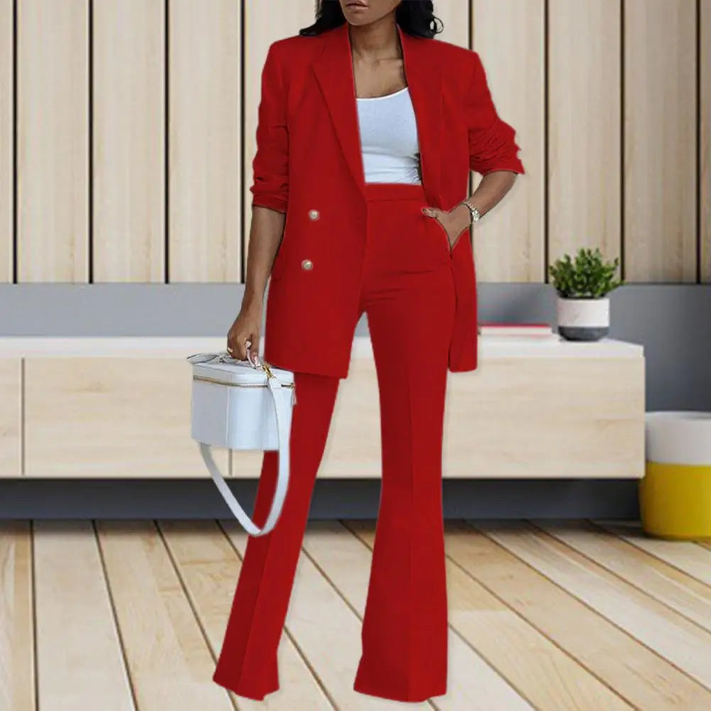 1 Set Women Suit Set Simple Autumn Winter Women Blazer Pants Double Breasted Blazer High Waist Pants for Office