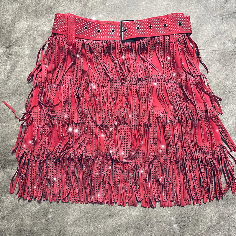 Women Skirt Fashion 2024 New Autumn High Waist Belt Multi Layer Short  Heavy Drilling Rhinestones Fringed Skirt with Cake A Line