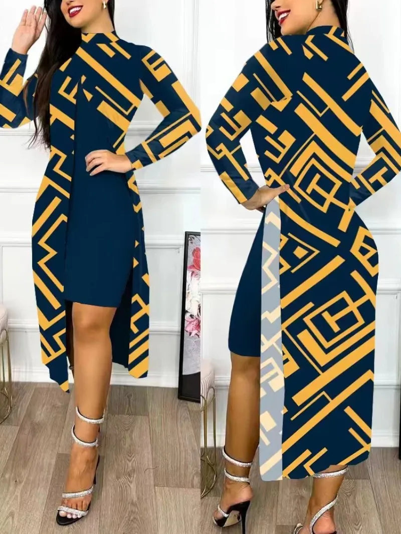 Two Piece Set Women Print Dresses Sets Full Sleeve Half High Collar Split Cardigan Dress Suits Elegant A Line Office Lady