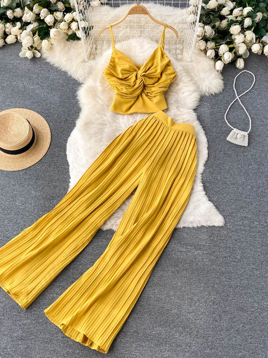 Summer Women Solid Sexy Holiday Pants Suit Female Spaghetti Strap Tops & High Waist Long Pants Two Piece Set