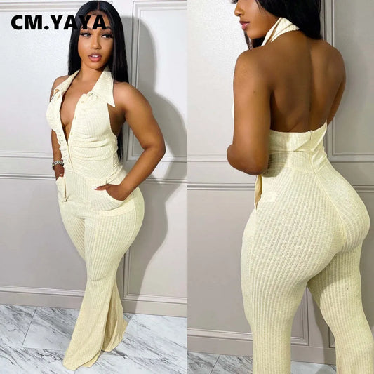 CM.YAYA Women Knit Single Breasted Sleeveless Ruched Bodycon Sleeveless Flare Jumpsuit Summer Active Ribbed Backless Playsuit