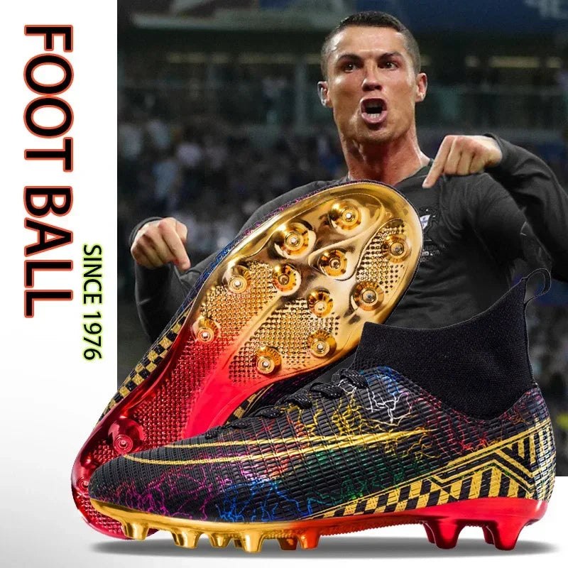 Professional Soccer Shoes  Men's High Top Non Slip Spike Football Boots Gold Plated Soles  Adult Training Shoes Outdoor Sneakers