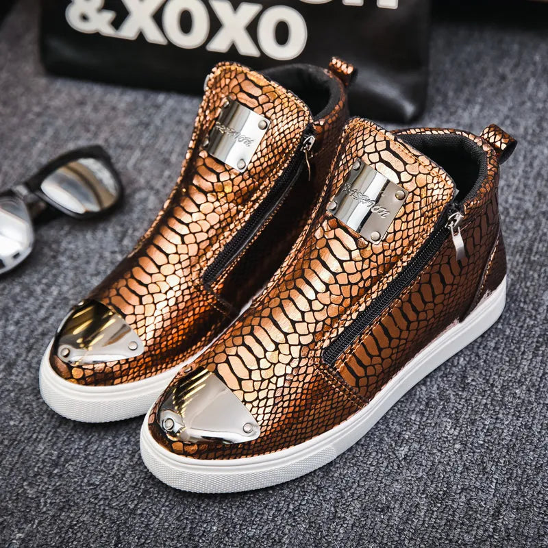 2023 New Luxury Glitter Snake Designer Shoes Men Gold High Top Original Men's Sneakers Fashion Zipper Casual Ankle Boots For Men