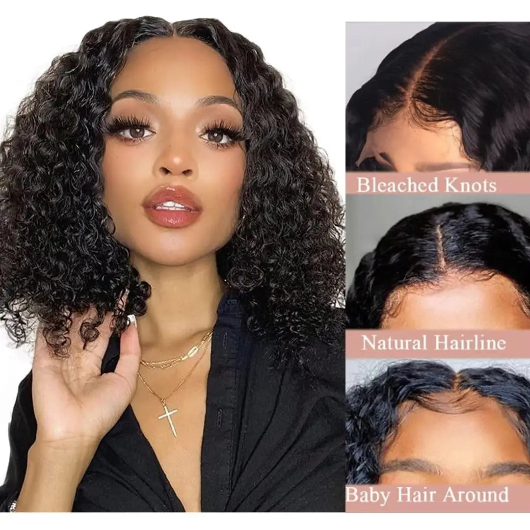 Wear Go Glueless Wig Short Bob Wig Deep Wave Human Hair Wigs Water Wave Frontal Wig Kinky Curly Bob Transparent Lace Front Wig